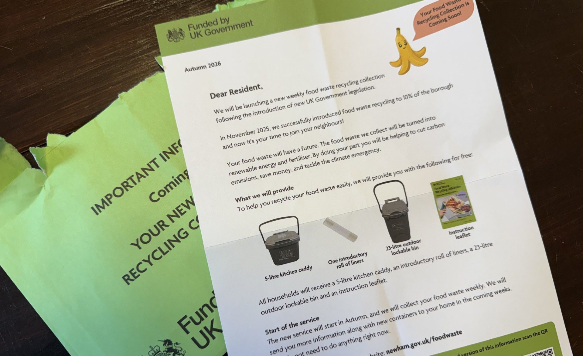 Envelope and letter to residents describing new food waste service